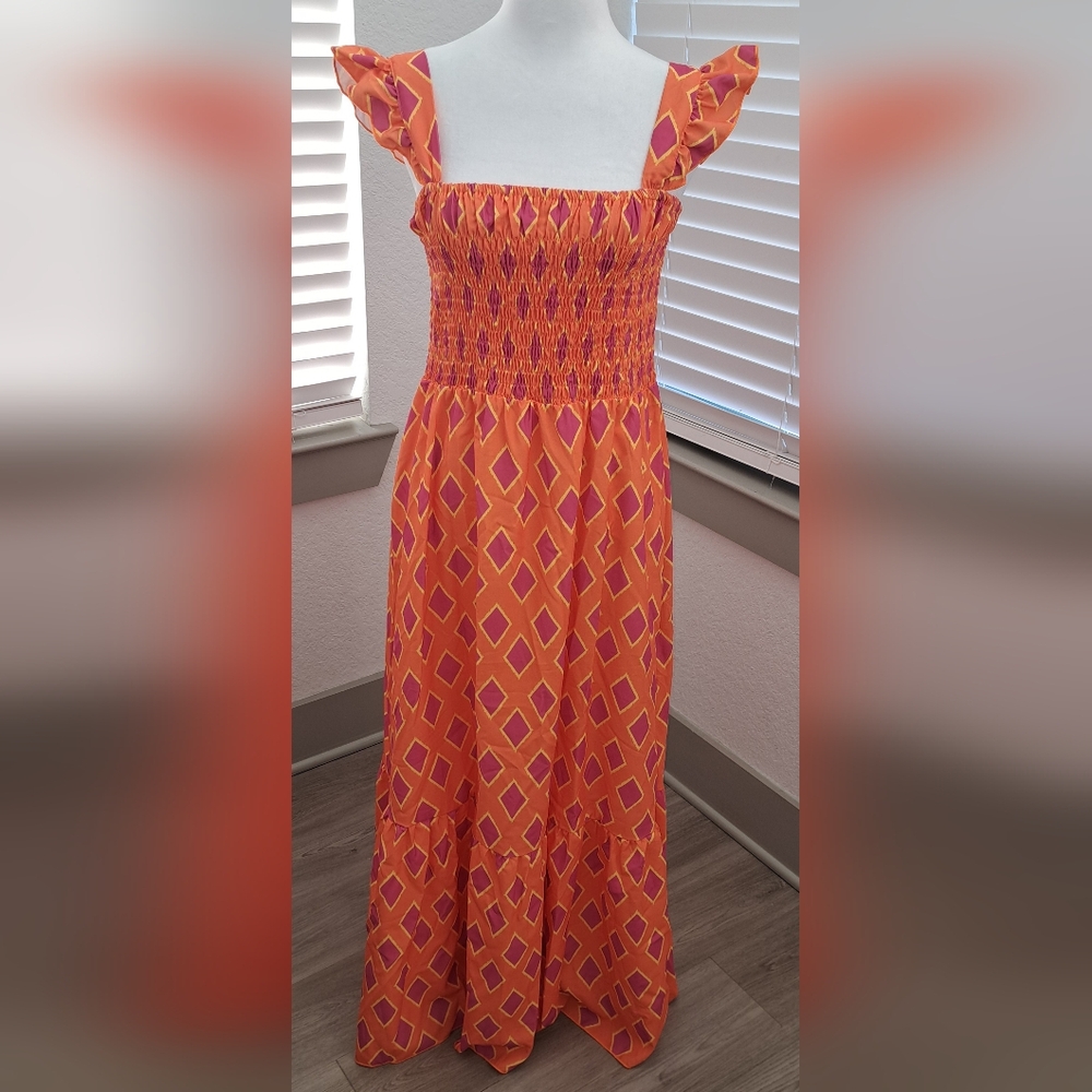 Vibrant Orange and Pink Geometric Maxi Dress